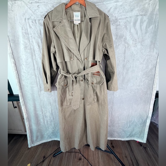 Together Jackets & Blazers - Together womens long trench coat khaki size 8 genuine leather trim vintage